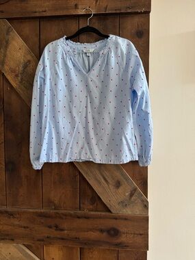 croft & barrow Light Blue Peasant Blouse with Pink Dot Print